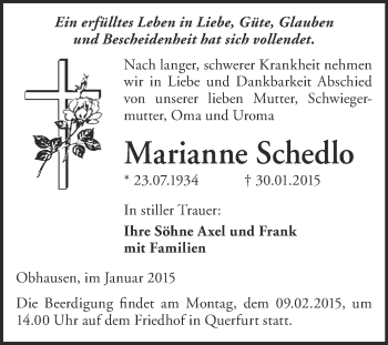 Traueranzeige von Marianne Schedlo von WVG - Wochenspiegel Merseburg