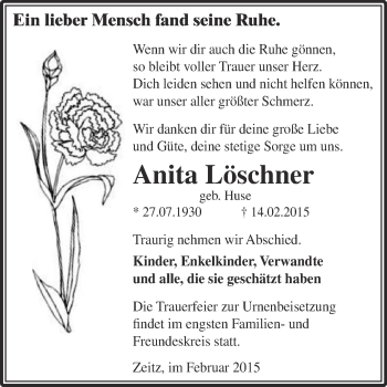 Traueranzeige von Anita Löschner von Super Sonntag Zeitz