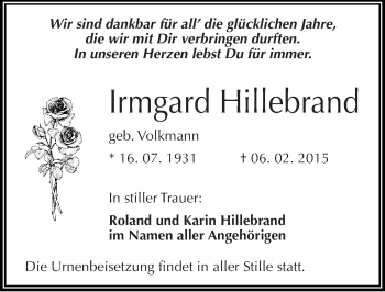 Traueranzeige von Irmgard Hillebrand von Mitteldeutsche Zeitung Halle/Saalkreis
