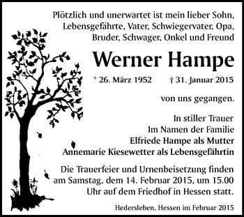 Traueranzeige von Werner Hampe von WVG - Wochenspiegel Quedlinburg