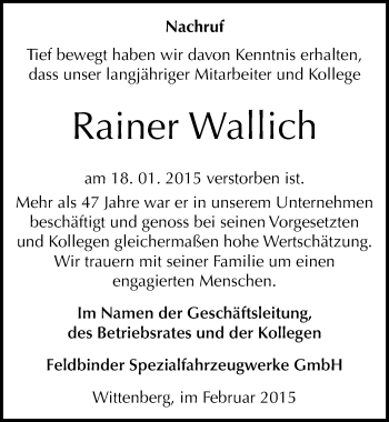 Traueranzeige von Rainer Wallich von Mitteldeutsche Zeitung Wittenberg