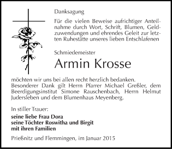 Traueranzeige von Armin Krosse von Mitteldeutsche Zeitung Naumburg/Nebra