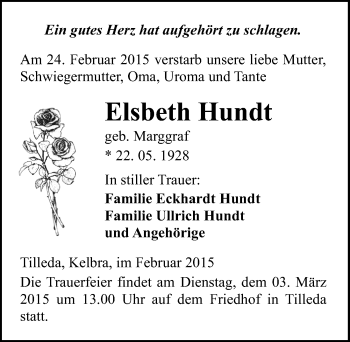 Traueranzeige von Elsbeth Hundt von Mitteldeutsche Zeitung Sangerhausen