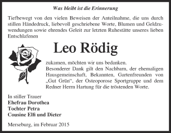 Traueranzeige von Leo Rödig von WVG - Wochenspiegel Merseburg