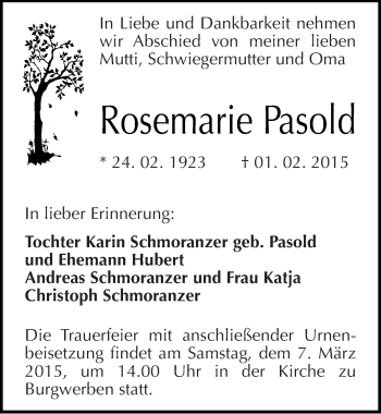 Traueranzeige von Rosemarie Pasold von Mitteldeutsche Zeitung Weißenfels