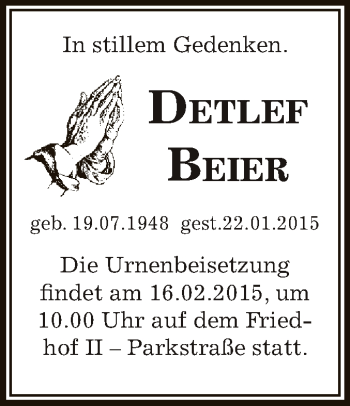 Traueranzeige von Detlef Beier von Super Sonntag Bernburg