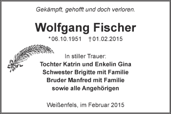 Traueranzeige von Wolfgang Fischer von WVG - Wochenspiegel NMB / WSF / ZTZ