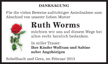 Traueranzeige von Ruth Worms von Mitteldeutsche Zeitung Zeitz
