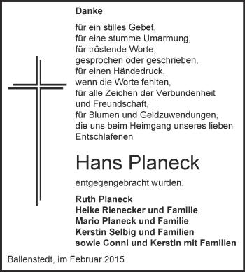 Traueranzeige von Hans Planeck von WVG - Wochenspiegel Quedlinburg