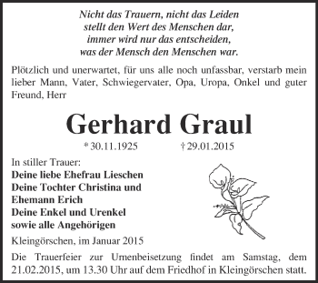 Traueranzeige von Gerhard Graul von WVG - Wochenspiegel Merseburg