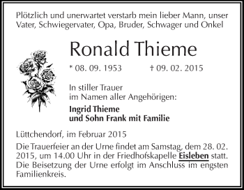 Traueranzeige von Ronald Thieme von Wochenspiegel Mansfelder Land