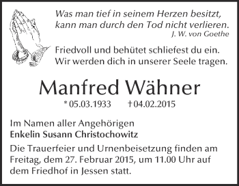 Traueranzeige von Manfred Wähner von WVG - Wochenspiegel Wittenberg