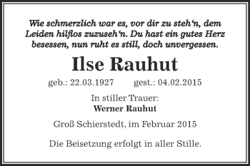 Traueranzeige von Ilse Rauhut von Super Sonntag Aschersleben
