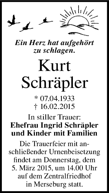 Traueranzeige von Kurt Schräpler von Mitteldeutsche Zeitung Merseburg/Querfurt