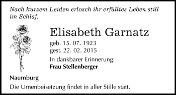Traueranzeige von Elisabeth Garnatz von Mitteldeutsche Zeitung Naumburg/Nebra