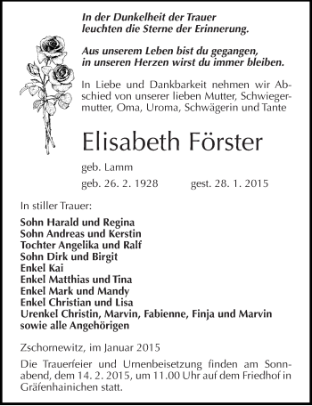 Traueranzeige von Elisabeth Förster von Mitteldeutsche Zeitung Wittenberg