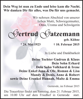 Traueranzeige von Gertrud Gatzemann von Mitteldeutsche Zeitung Quedlinburg