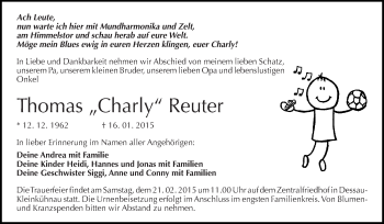 Traueranzeige von Thomas Reuter von WVG - Wochenspiegel Dessau / Köthen