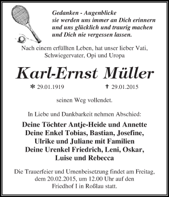 Traueranzeige von Karl-Ernst Müller von WVG - Wochenspiegel Dessau / Köthen