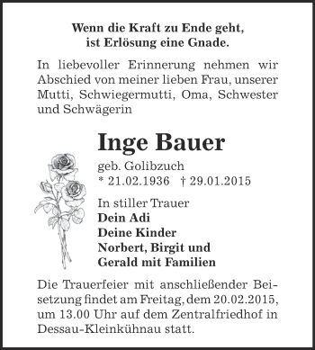 Traueranzeige von Inge Bauer von WVG - Wochenspiegel Dessau / Köthen