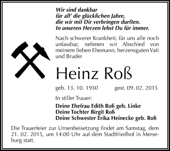 Traueranzeige von Heinz Roß von WVG - Wochenspiegel Merseburg