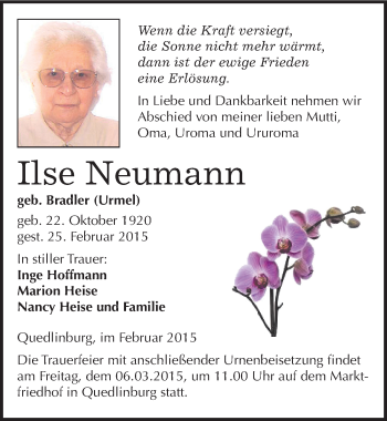 Traueranzeige von Ilse Neumann von Mitteldeutsche Zeitung Quedlinburg