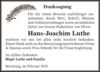 Traueranzeige von Hans-Joachim Luthe von Super Sonntag Bernburg