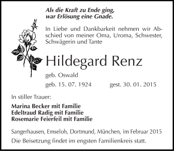Traueranzeige von Hildegard Renz von Mitteldeutsche Zeitung Sangerhausen
