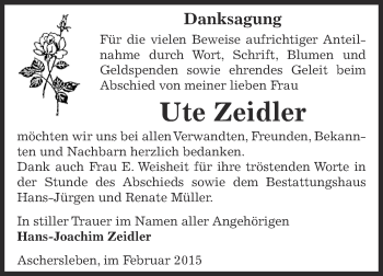 Traueranzeige von Ute Zeidler von Super Sonntag Aschersleben