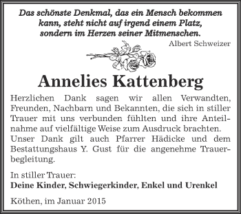 Traueranzeige von Annelies Kattenberg von WVG - Wochenspiegel Dessau / Köthen