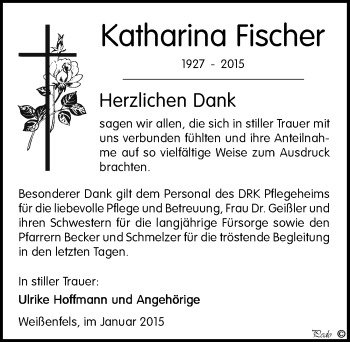 Traueranzeige von Katharina Fischer von Mitteldeutsche Zeitung Weißenfels
