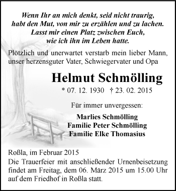Traueranzeige von Helmut Schmölling von Mitteldeutsche Zeitung Sangerhausen