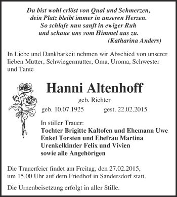 Traueranzeige von Hanni Altenhoff von WVG - Wochenspiegel Bitterfeld