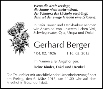 Traueranzeige von Gerhard Berger von Mitteldeutsche Zeitung Halle/Saalkreis