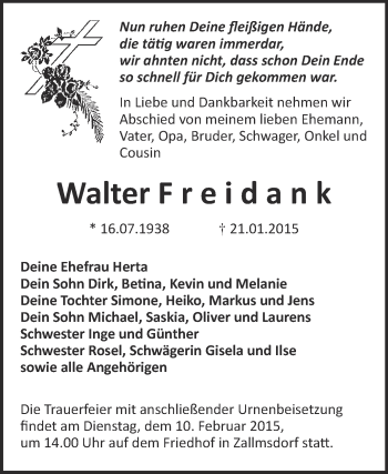Traueranzeige von Walter Freidank von WVG - Wochenspiegel Wittenberg
