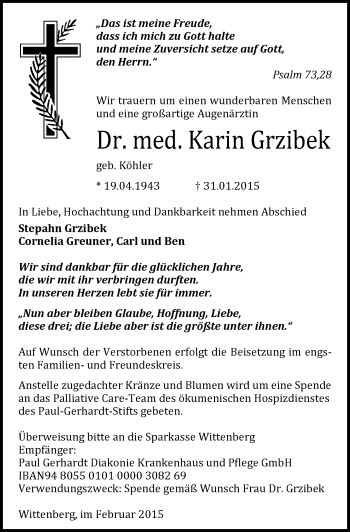 Traueranzeige von Karin Grzibek von Mitteldeutsche Zeitung Wittenberg