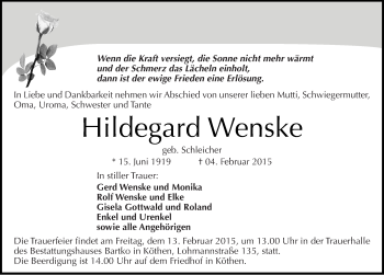 Traueranzeige von Hildegard Wenske von Mitteldeutsche Zeitung Köthen