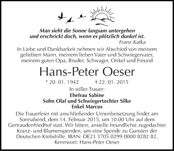 Traueranzeige von Hans-Peter Oeser von Mitteldeutsche Zeitung Halle/Saalkreis