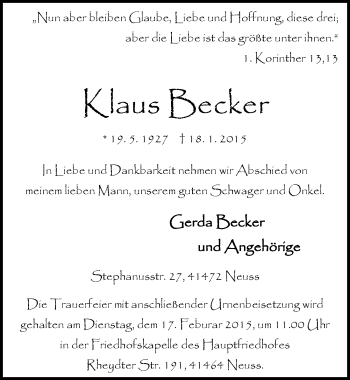 Traueranzeige von Klaus Becker von Mitteldeutsche Zeitung Halle/Saalkreis