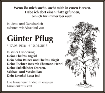 Traueranzeige von Günter Pflug von WVG - Wochenspiegel Dessau / Köthen