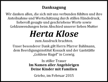 Traueranzeige von Herta Klose von Mitteldeutsche Zeitung Wittenberg