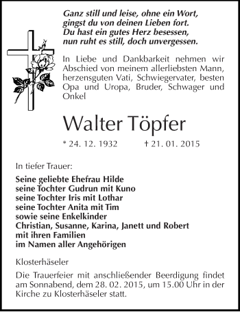 Traueranzeige von Walter Töpfer von Mitteldeutsche Zeitung Naumburg/Nebra