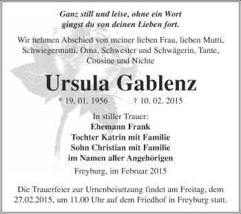 Traueranzeige von Ursula Gablenz von WVG - Wochenspiegel NMB / WSF / ZTZ