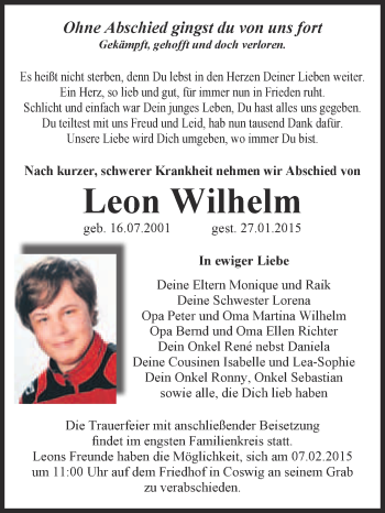 Traueranzeige von Leon Wilhelm von Super Sonntag Wittenberg