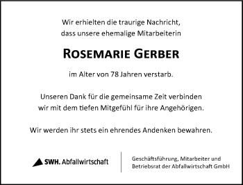 Traueranzeige von Rosemarie Gerber von Mitteldeutsche Zeitung Halle/Saalkreis