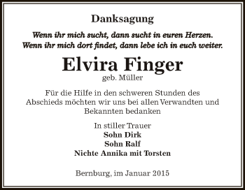 Traueranzeige von Elvira Finger von Super Sonntag Bernburg