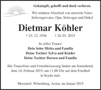 Traueranzeige von Dietmar Köhler von WVG - Wochenspiegel Wittenberg