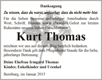 Traueranzeige von Kurt Thomas von Super Sonntag Bernburg