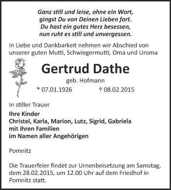 Traueranzeige von Gertrud Dathe von WVG - Wochenspiegel NMB / WSF / ZTZ