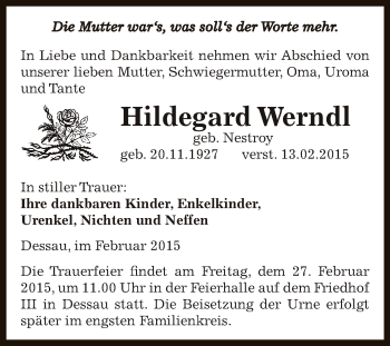 Traueranzeige von Hildegard Werndl von WVG - Wochenspiegel Dessau / Köthen